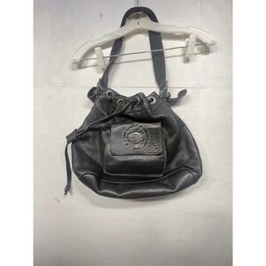Harley Davidson Black Leather Drawstring Bucket Bag Shoulder Bag Silver Logo